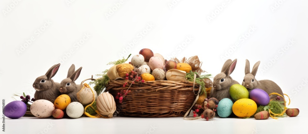 Aufkleber the copy space image features a wicker basket filled with straw colorful eggs and rabbit decorations