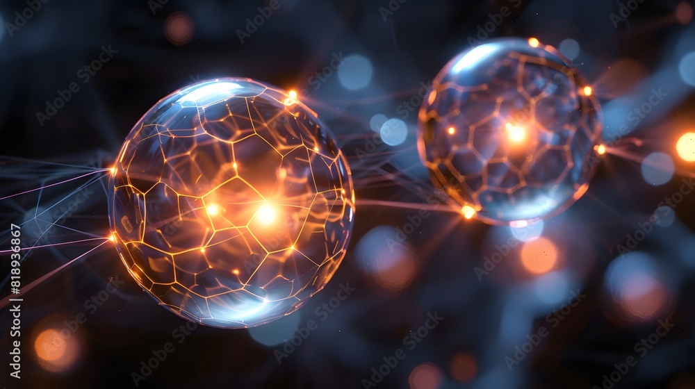 Poster two entangled particles represented as glowing orbs, linked by a web of ethereal light, instantly mi