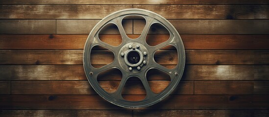 Obraz premium Vintage film reel displayed on a bright wooden backdrop Ideal for wallpapers and can be used as a copy space image
