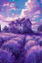 A solitary purple-painted house stands amidst vast fields, capturing a sense of isolation and tranquility.

