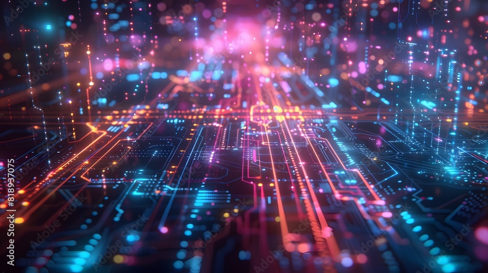 Poster : a high-tech quantum circuit with multiple qubits and gates, showcasing the flow of quantum informa