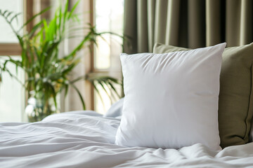Close up of a white pillow on a bed