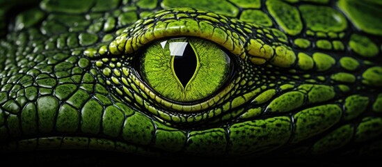 An alligator skin with a vibrant green color provides an eye catching and unique aesthetic. Copyspace image