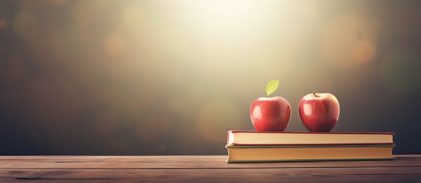 An apple is resting on top of a stack of books creating a copy space image that symbolizes the concept of education and going back to school