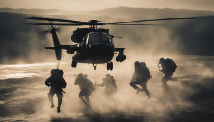 silhouette of soldiers descending from a helicopter with a rope
