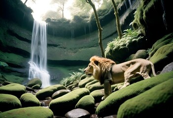lion sitting by waterfall (256)