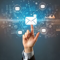 A hand is pointing to an email icon on a computer screen