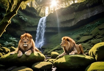 lion sitting by waterfall (391)