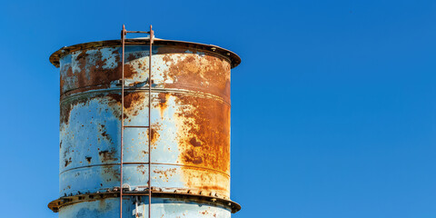 A rusty water tower on the summer sky background.