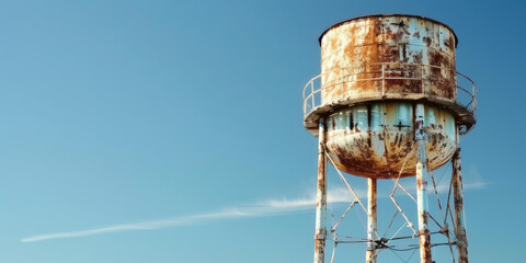 A rusty water tower on the summer sky background.