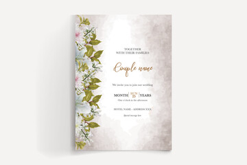 WEDDING INVITATION FRAME WITH FLOWER DECORATIONS AND FRESH LEAVES