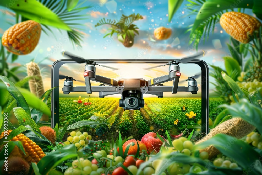 Poster isometric automated farming operations for health in dense foliage using vector field drone farm spo