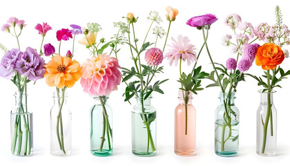 Obraz premium Collage with many beautiful flowers in glass vases on white background