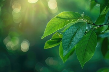Close up of nature view green leaf on blurred greenery background under sunlight with bokeh and copy space using as background natural plants landscape, ecology wallpaper or cover concept - Powered by Adobe