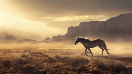 horse is running in a grassy field at sunset.