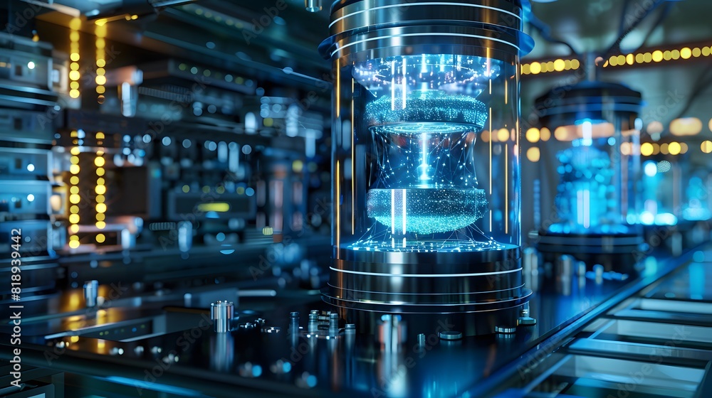 Poster an advanced quantum computer in a futuristic lab, performing complex computations with glowing, inte