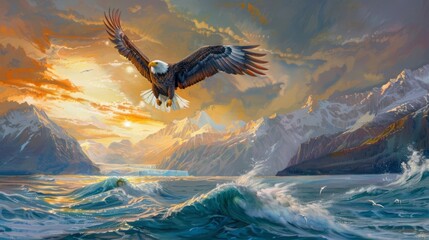 majestic bald eagle soaring above rugged alaskan coastline at golden hour oil painting