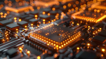 A close-up of a futuristic processor chip with glowing qubits in superposition, representing states of both 0 and 1 simultaneously, interconnected by delicate quantum pathways