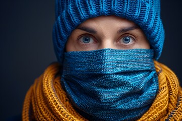 Winter Fashion Portrait: Close-Up of Person Wearing Knitted Hat, Scarf, and Face Mask