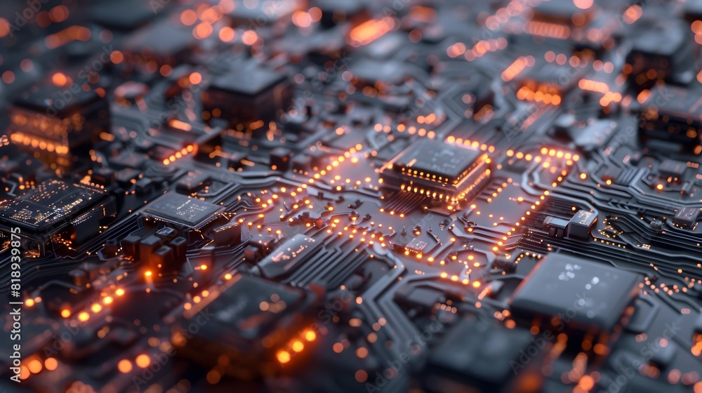 Poster a close-up of a futuristic processor chip with glowing qubits in superposition, representing states 