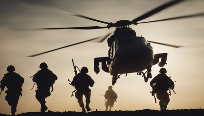 silhouette of soldiers descending from a helicopter with a rope
