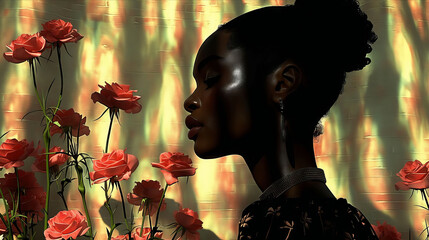 A woman in silhouette with roses in front of her.