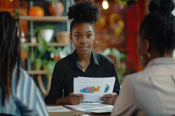 Black female project executive give printed handout materials to diverse teammates on meeting in office. Multiethnic staff group discuss sales result on briefing using paper reports with charts graphs