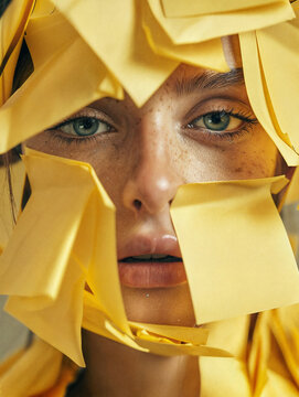 A female face covered with yellow post-its. Person with sticky notes all over his face and body over white background
