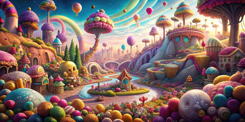 Obraz na płótnie Canvas Fantasy landscape with fairy tale castle and rainbow, marshmallows stones and candies trees. Candyland concept.