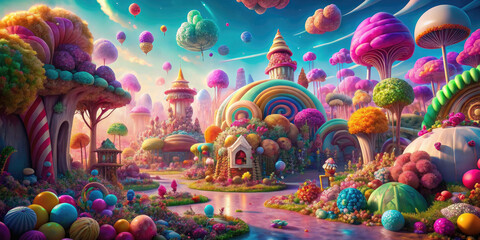 Fantasy landscape with fairy tale castle and rainbow, marshmallows stones and candies trees. Candyland concept.