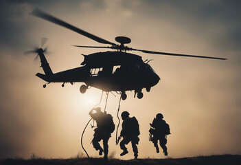 Fototapeta na wymiar silhouette of soldiers descending from a helicopter with a rope 