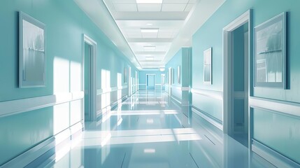 minimalist hospital corridor with soft blue walls and geometric shadows clean lines and soothing ambiance digital illustration