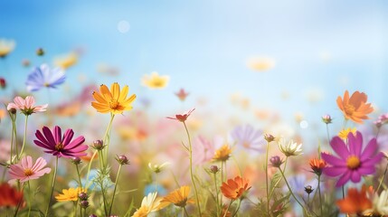 Fototapeta premium Colorful flower meadow with sunbeams and blue sky. Generative AI.