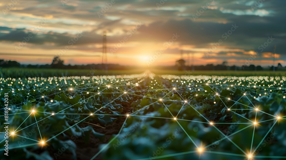 Poster a vast array of interconnected sensors spread across an agricultural field, collecting and transmitt