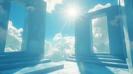 The image is a 3D rendering of a blue and white structure with a bright light in the center. The structure appears to be a portal or gateway to another world.
