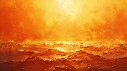 The image is a painting of a fiery sunset over a rough sea