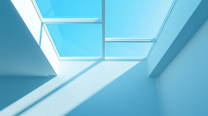 Obraz premium The photo shows a blue room with a large skylight. The skylight is letting in a bright beam of sunlight.