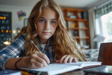 TEENAGE girl SITTING AT THE DESK in the library WRITING homework. ai generated
