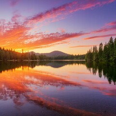 Fototapeta premium An image of a vibrant sunset over a serene lake, with colorful reflections shimmering on the water