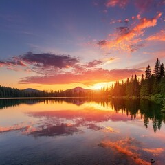Fototapeta premium An image of a vibrant sunset over a serene lake, with colorful reflections shimmering on the water