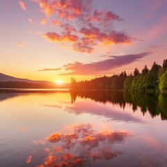 An image of a vibrant sunset over a serene lake, with colorful reflections shimmering on the water