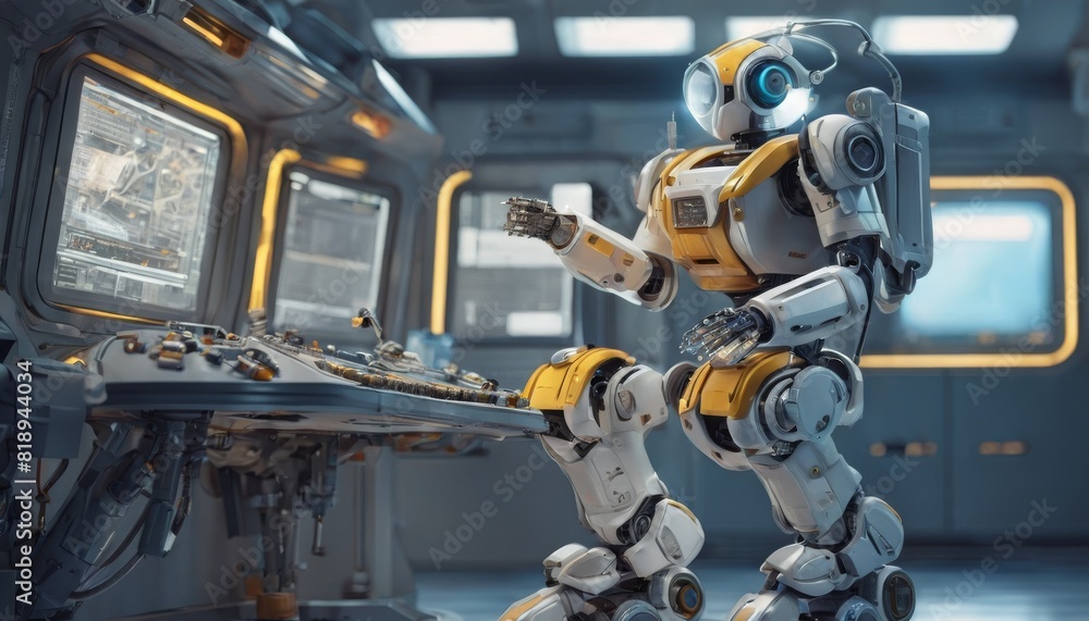 Poster an autonomous robot interacts with a control panel inside a modern spaceship, showcasing advanced ar