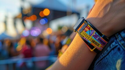 Close-up of colorful festival wristbands and tickets on a wrist, showing the vibrant atmosphere of an outdoor event with blurred lights.
