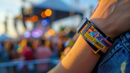 Naklejka premium Close-up of colorful festival wristbands and tickets on a wrist, showing the vibrant atmosphere of an outdoor event with blurred lights. 