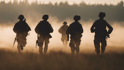 silhouette of soldiers on a morning run, lined up in a row in an open field
