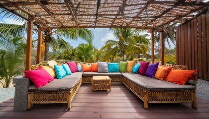 A tropical outdoor lounge with a bamboo sofa set, palm trees, and colorful outdoor cushions for a resort-like atmosphere.