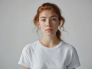 Fototapeta premium A woman in a white t - shirt looking at the camera.