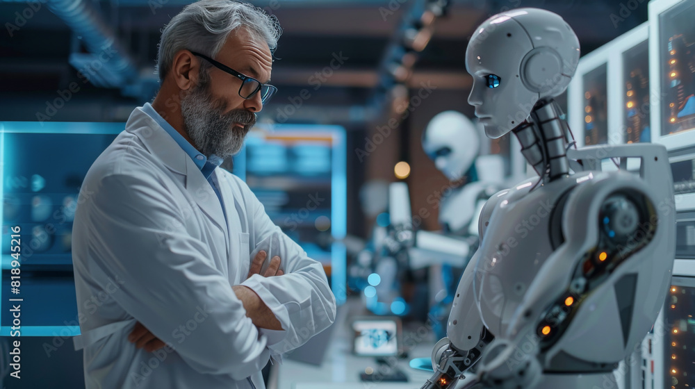 Poster a male scientist in a lab coat engages in a deep conversation with an advanced humanoid robot.