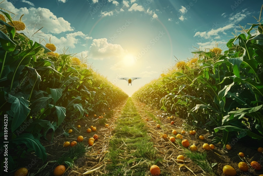 Poster aerial crop management in drone automated farms using vehicle technology for health in harvest proce
