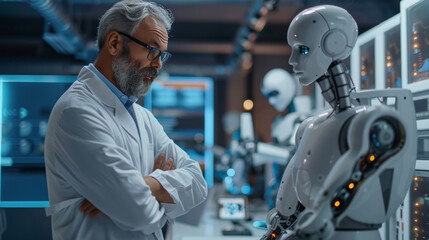 A male scientist in a lab coat engages in a deep conversation with an advanced humanoid robot.